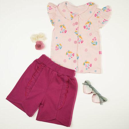ست تیشرت و شلوارک دخترانه طرح چین دار